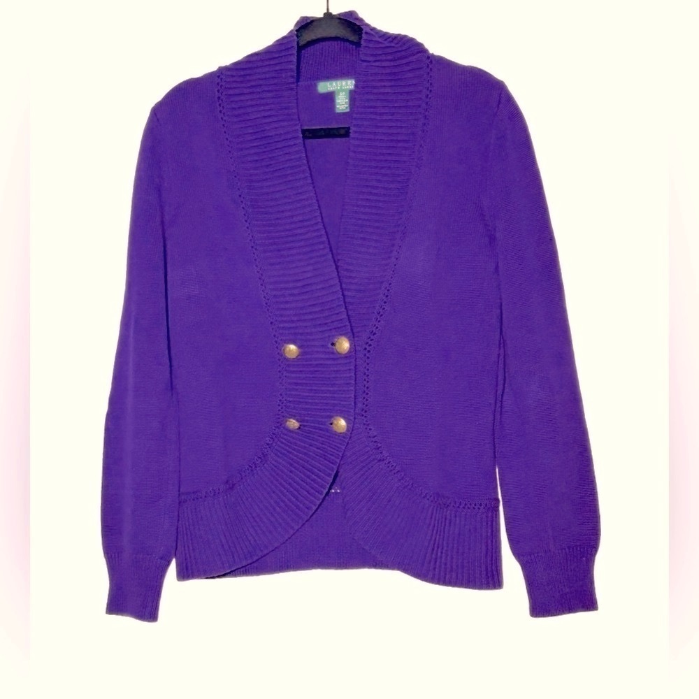 Lauren Ralph Lauren Purple Cardigan with Gold Buttons, Small Petite SP